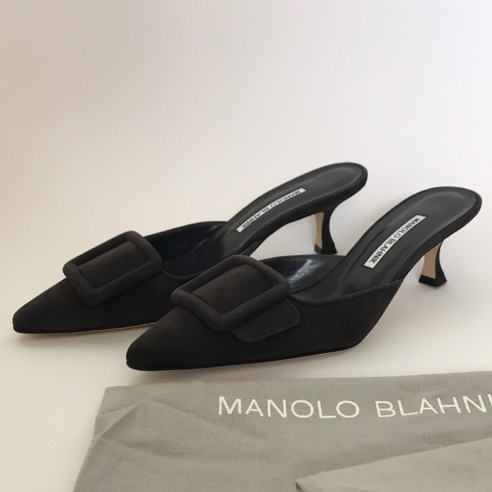 NEW Manolo Blahnik Maysale Suede Mules Black Sz 39